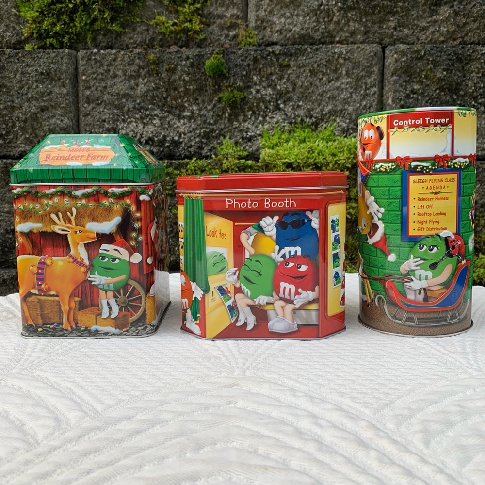 Vintage Lot M&Ms Christmas Village Collection Cookie Candy Canisters Tins Box